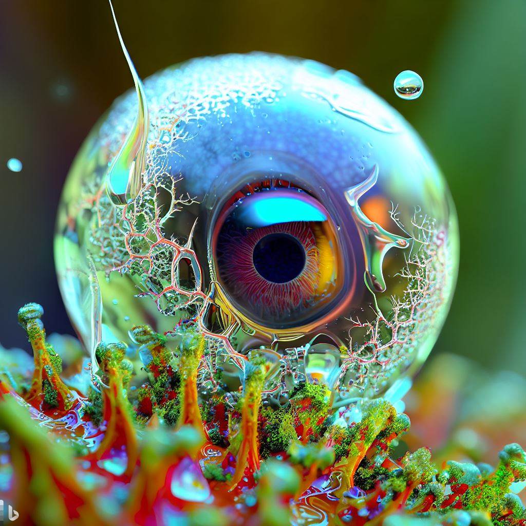 4- 3D hyper-detailed joyfully bursting spattering raindrop with lichen nano-circuitry woven into iris-stroma eye-pupil at its core, spattering wet rainforest moss synapses, mirroring recursion.jpg
